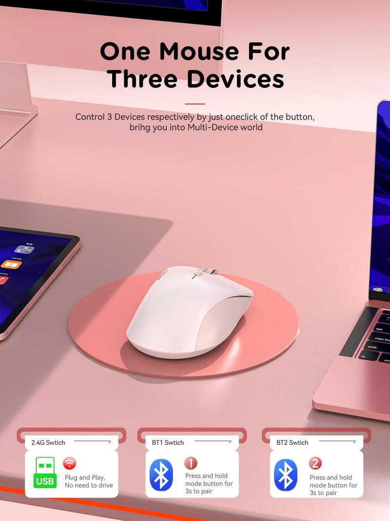 RAPIQUE Bluetooth Wireless Mouse - Dual Bluetooth & 2.4 GHz USB Receiver, Ergonomic Design, Quiet Clicks, Low Power - Multi-Device Compatibility for MacBook, Laptop, Computer, iPad Air/Pro (Pink) - Image 2