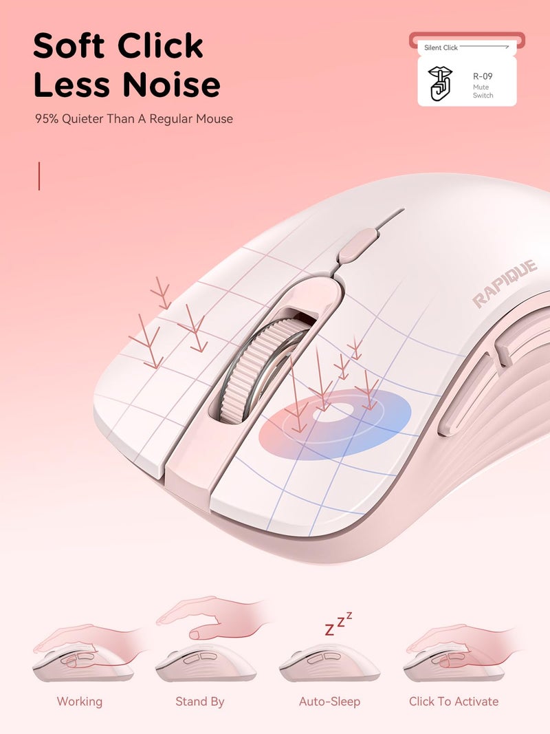 RAPIQUE Bluetooth Wireless Mouse - Dual Bluetooth & 2.4 GHz USB Receiver, Ergonomic Design, Quiet Clicks, Low Power - Multi-Device Compatibility for MacBook, Laptop, Computer, iPad Air/Pro (Pink) - Image 5