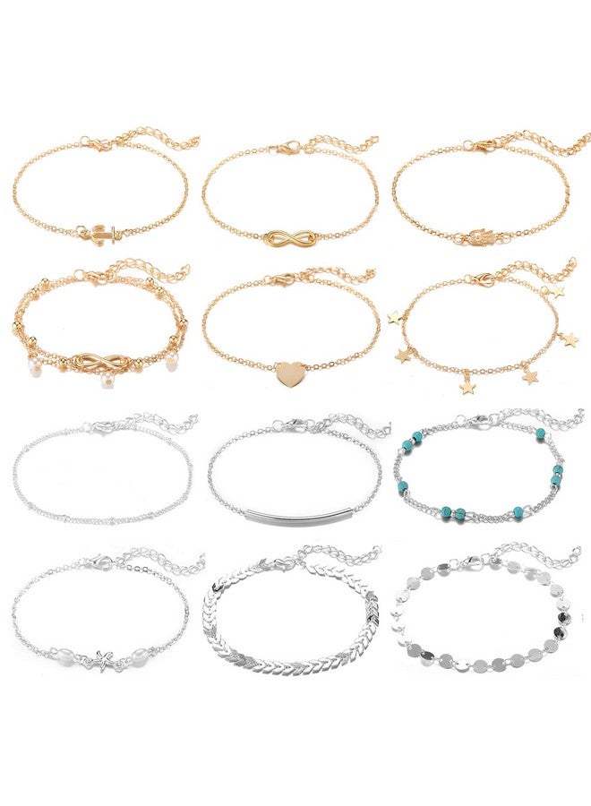 Softones 12-16Pcs Ankle Bracelets For Women Gold Silver Two Style Chain Beach Anklet Bracelet Jewelry Anklet Set,Adjustable Size - Image 1