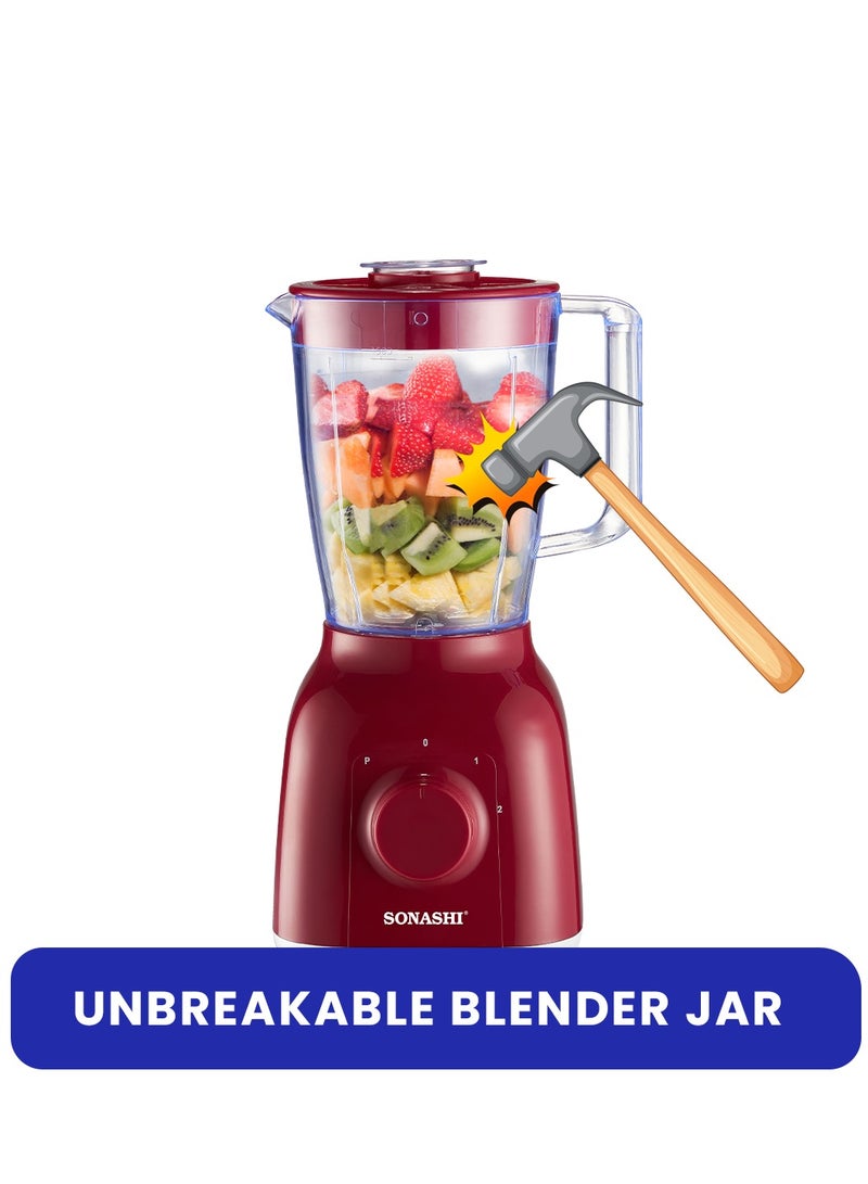 SONASHI 2 In 1 Blender & Smoothie Maker | 1.25L Unbreakable Jar | 350 W | 2 Speed & Pulse Setting | Best for Spice Grinding, Smoothie Making and Juicing | with Stainless Steel Blades, Safety Lock System | SB-144N Red 1.25 L 350 W SB-144N red - Image 2