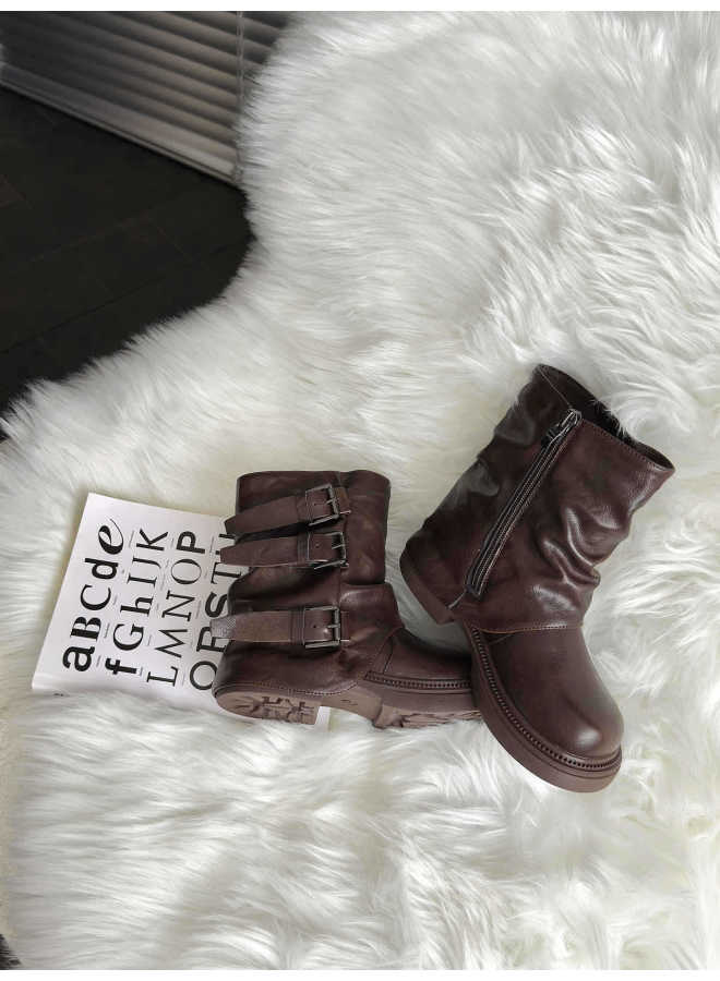 Xshx American-style Slouchy Shoes | Girls' Casual Niche Martin Boots With Side Zipper, High-top, Retro Rubber Sole