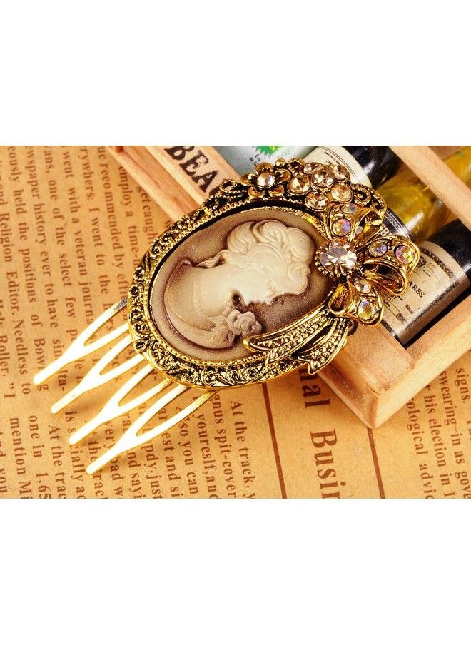Alilang Gold Tone Topaz Rhinestones Victorian Lady Cameo Maiden Prom Hair Comb  - Image 4