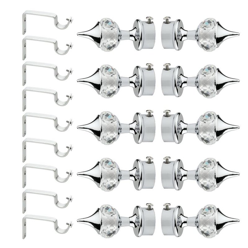 GRIVAN Aluminium Diamond Curtain Bracket Parda Holder with Support 1 Inch Rod Pocket Finials Designer Door and Window Rod Support Fittings Curtain Rod Holder Pair of 5 Silver - Image 1