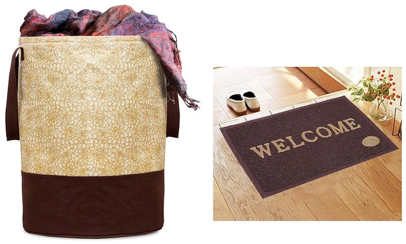 Kuber Industries Metalic Printed Waterproof Canvas Laundry Bag Toy Storage Laundry Basket Organizer 45 L Brown CTKTC034616 PVC Printed Anti Skid Welcome Door Mat Brown CTLTC11169 - Image 1