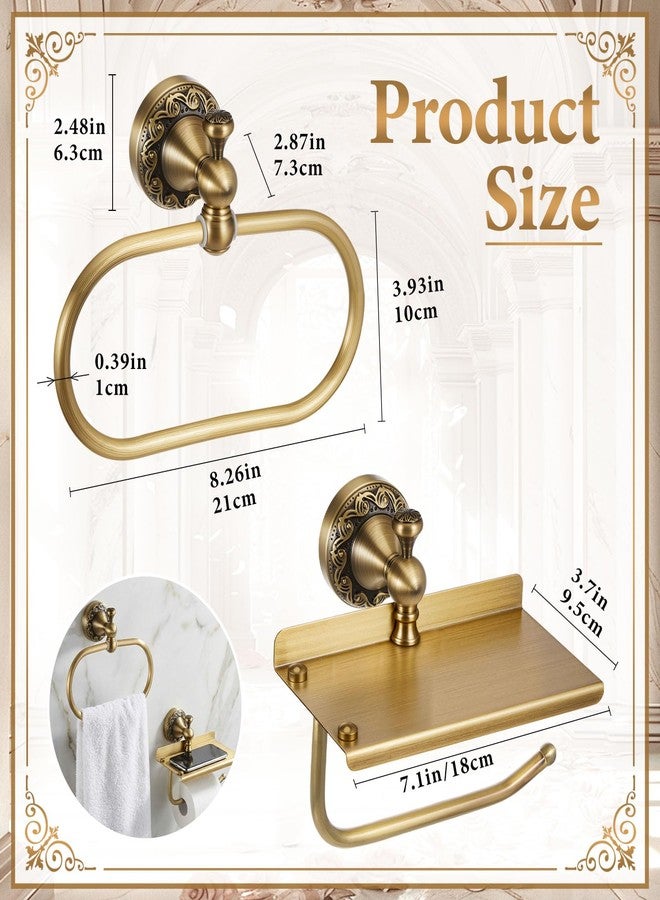 Otoolling 2 Pieces Set Antique Brass Toilet Paper Holder with Retro Brass Hand Towel Ring Tissue Roll Paper Hanger Wall Mounted Bathroom Hardware Vintage Bathroom Accessories(with Phone Shelf) - Image 2
