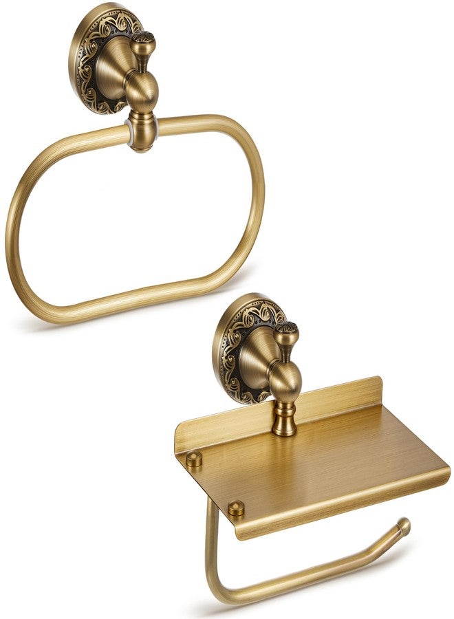 Otoolling 2 Pieces Set Antique Brass Toilet Paper Holder with Retro Brass Hand Towel Ring Tissue Roll Paper Hanger Wall Mounted Bathroom Hardware Vintage Bathroom Accessories(with Phone Shelf) - Image 1