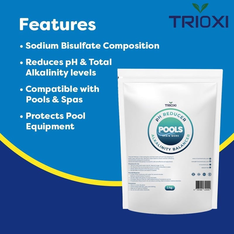 TRIOXI pH Reducer for Pools & Spas – Sodium Bisulfate – Lowers pH & Alkalinity – Prevents Scale Build-Up – Fast-Dissolving Water Balancer for Hot Tubs & Swimming Pools - (1kg) - Image 4