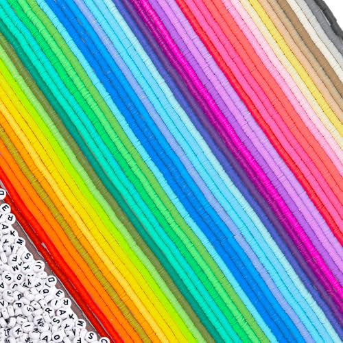 JMUQ 50 Strands Clay Beads, 50 Colors Flat Preppy Polymer Clay Heishi Beads with Letter Beads for Friendship Bracelets Jewelry Making Kit, DIY Arts and Crafts - Image 1