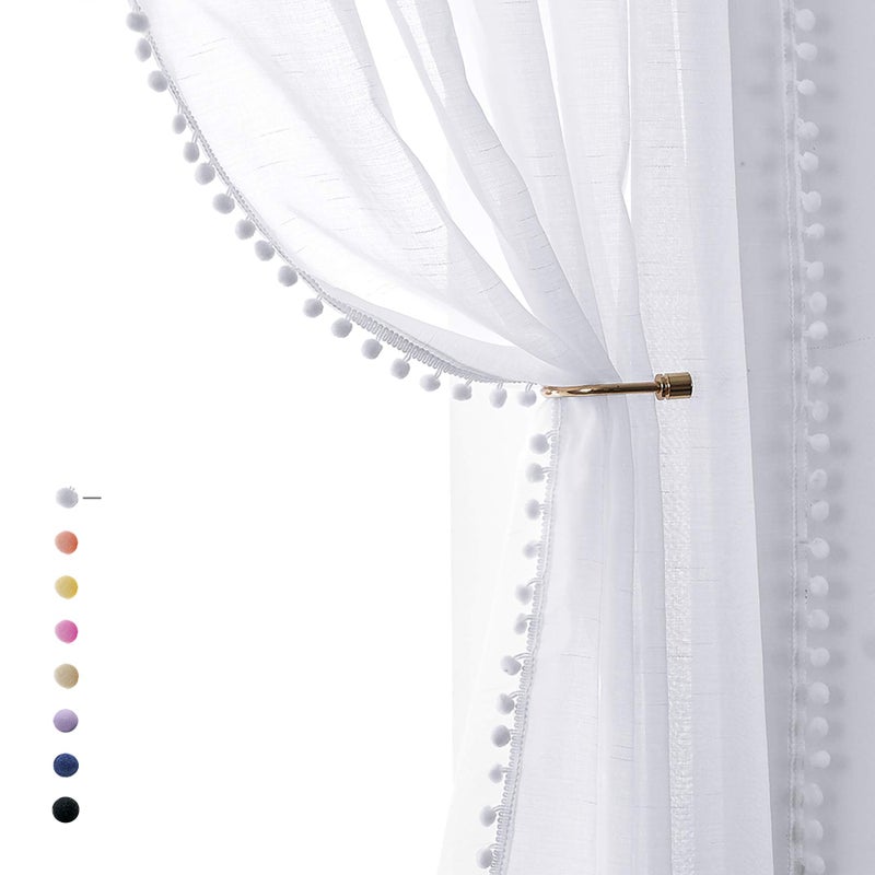 Treatmentex Pompom Sheer White Curtains for Living Room Kids Room 72 Window Voile Drapes Slub Linen Texture Bedroom Curtains 2 Pack Rod Pocket