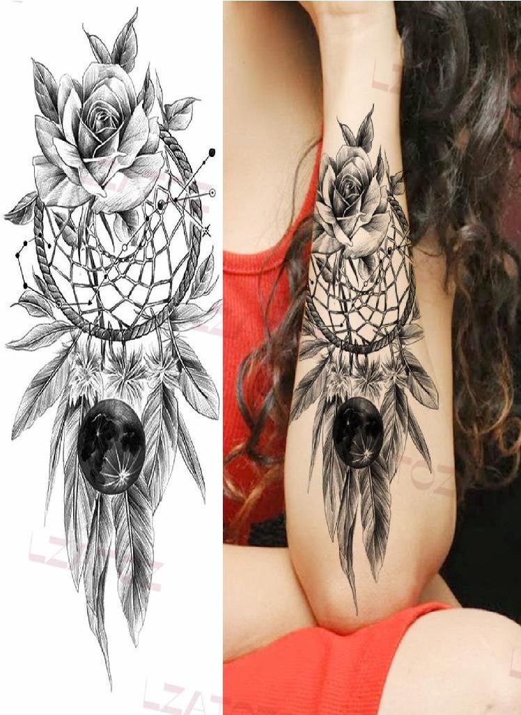 Generic - Black Dream Catcher Feathers Temporary Tattoos For Women Adult Geometric Tiger Cat Pendant Fake Tattoo Unique Half Sleeve Tatoos - Image 1