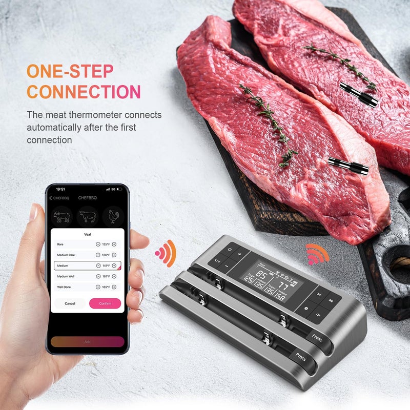 Dewjom Wireless Smart Meat Thermometer with Dual-Sensor Probe, 500FT Remote Monitoring, Dedicated App, Real-Time Ambient and Food Temperature Tracking for Precise Cooking Control - Image 2