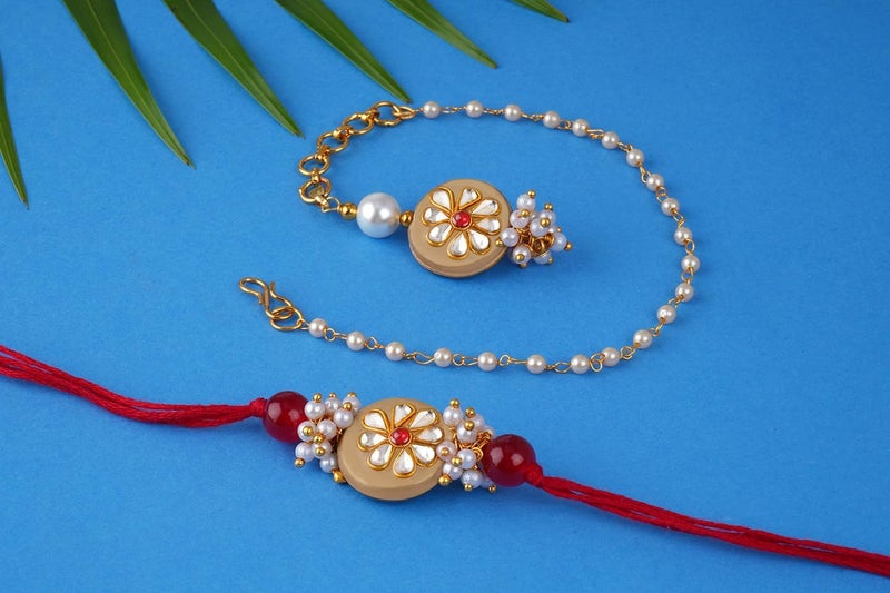 JFL - Jewellery for Less Handcrafted Combo of Colorful Kundan Stone Rakhi n Lumba Bracelet Rakhi for Bhaiya, Brother, Couple Pair Rakhi Set with Roli Chawal for Raksha Bandhan - Image 3
