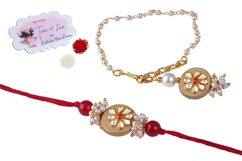 JFL - Jewellery for Less Handcrafted Combo of Colorful Kundan Stone Rakhi n Lumba Bracelet Rakhi for Bhaiya, Brother, Couple Pair Rakhi Set with Roli Chawal for Raksha Bandhan - Image 1