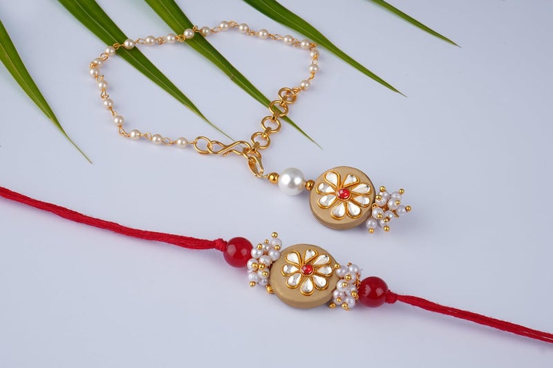 JFL - Jewellery for Less Handcrafted Combo of Colorful Kundan Stone Rakhi n Lumba Bracelet Rakhi for Bhaiya, Brother, Couple Pair Rakhi Set with Roli Chawal for Raksha Bandhan - Image 5