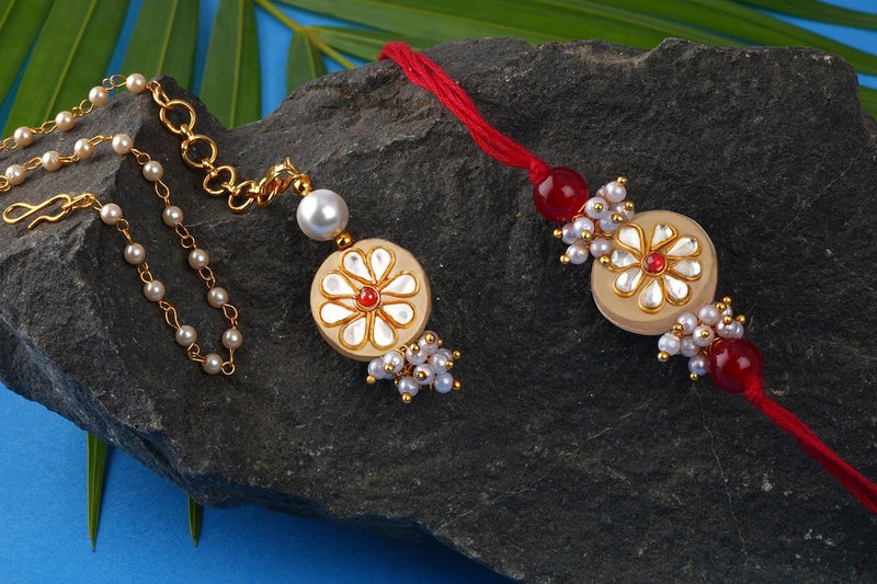 JFL - Jewellery for Less Handcrafted Combo of Colorful Kundan Stone Rakhi n Lumba Bracelet Rakhi for Bhaiya, Brother, Couple Pair Rakhi Set with Roli Chawal for Raksha Bandhan - Image 4