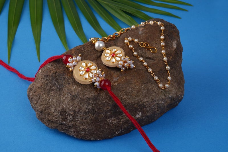 JFL - Jewellery for Less Handcrafted Combo of Colorful Kundan Stone Rakhi n Lumba Bracelet Rakhi for Bhaiya, Brother, Couple Pair Rakhi Set with Roli Chawal for Raksha Bandhan - Image 2