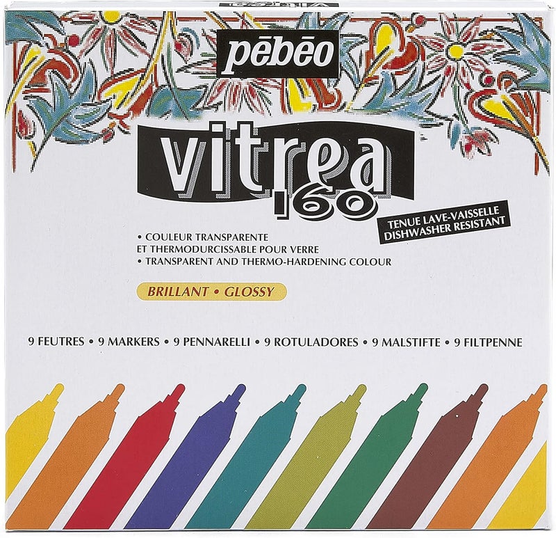 Pebeo Vitrea 160 Assorted Glossy Glass Paint Markers - Set of 9 Colors for DIY Arts and Crafts - Image 1