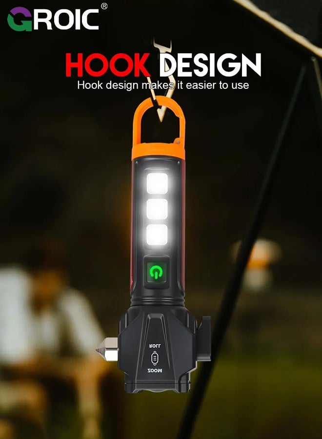 GROIC Multi-Functional LED Flashlight with Safety Hammer, Rechargeable Zoomable Torch with COB Side Light, Waterproof Emergency Flashlight for Outdoor, Camping and Car Use, Handheld Self Defense Torch - Image 4