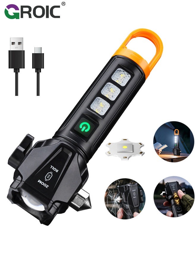 GROIC Multi-Functional LED Flashlight with Safety Hammer, Rechargeable Zoomable Torch with COB Side Light, Waterproof Emergency Flashlight for Outdoor, Camping and Car Use, Handheld Self Defense Torch - Image 1