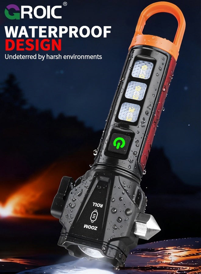GROIC Multi-Functional LED Flashlight with Safety Hammer, Rechargeable Zoomable Torch with COB Side Light, Waterproof Emergency Flashlight for Outdoor, Camping and Car Use, Handheld Self Defense Torch - Image 5