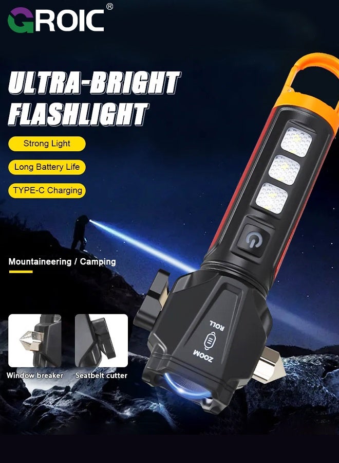 GROIC Multi-Functional LED Flashlight with Safety Hammer, Rechargeable Zoomable Torch with COB Side Light, Waterproof Emergency Flashlight for Outdoor, Camping and Car Use, Handheld Self Defense Torch - Image 3