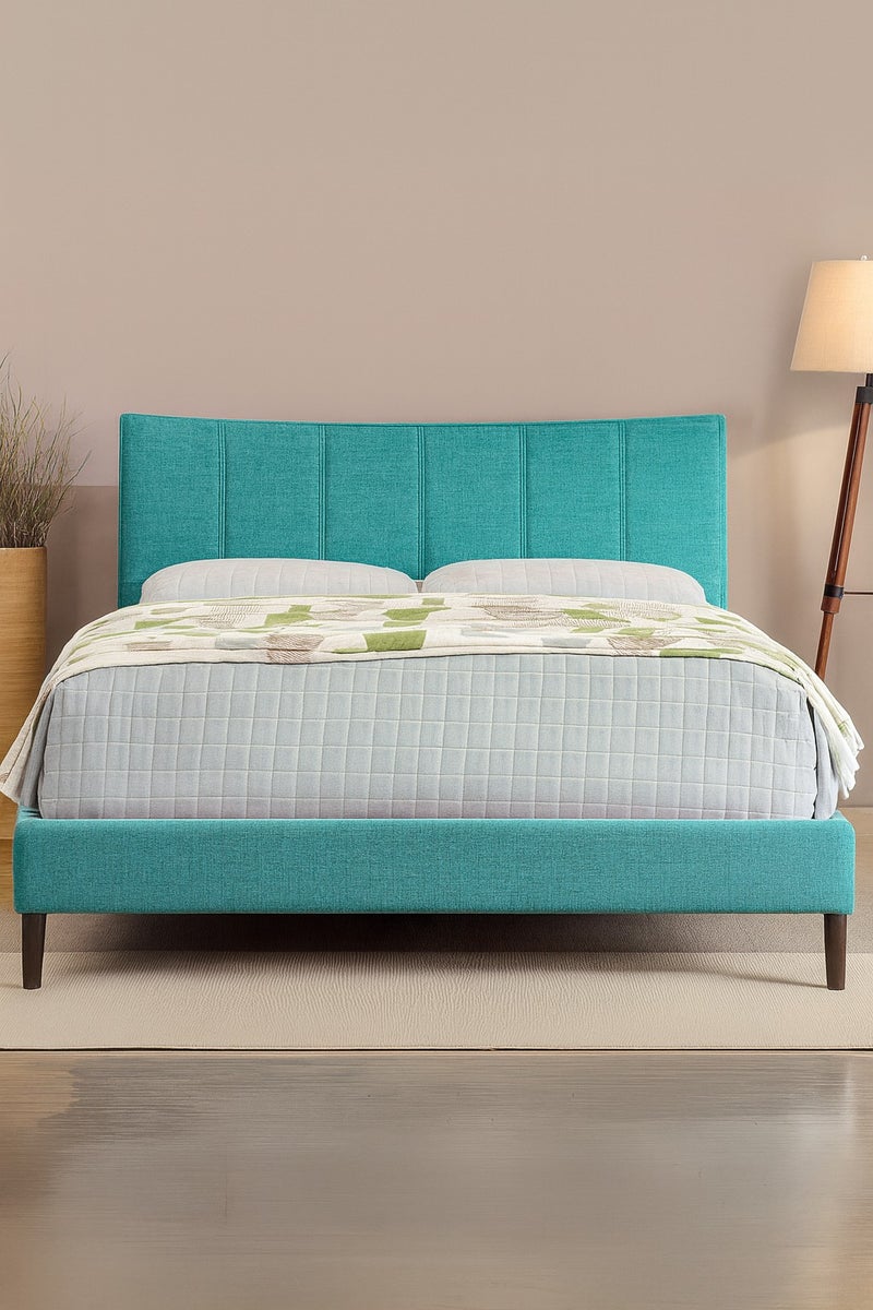 Karnak Modern Upholstered Bed Frame –  Fabric Bed with Padded Headboard, Wooden Legs – King Size 180Cm x 200cm  Aqua