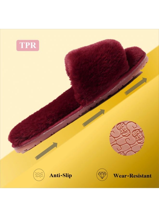 Crazy Lady Women's Fuzzy Fluffy Furry Fur Slippers Flip Flop Open Toe Cozy House Sandals Slides Soft Flat Comfy Anti-Slip Spa Indoor Outdoor Slip on (7.5-8.5, 06/WineRed) - Image 3