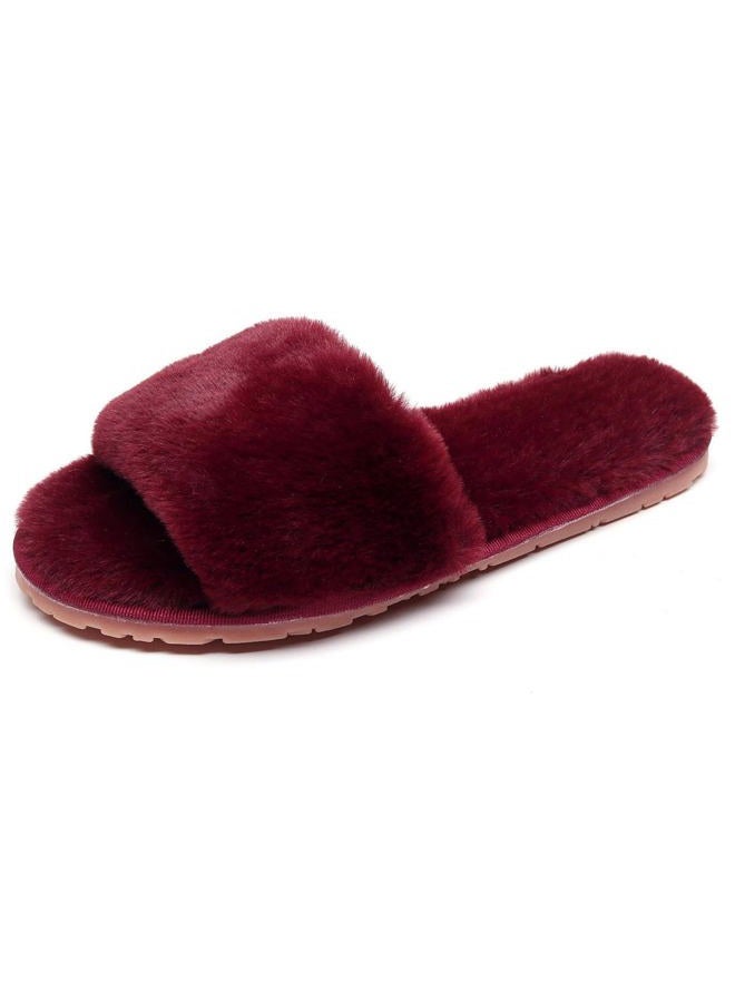 Crazy Lady Women's Fuzzy Fluffy Furry Fur Slippers Flip Flop Open Toe Cozy House Sandals Slides Soft Flat Comfy Anti-Slip Spa Indoor Outdoor Slip on (7.5-8.5, 06/WineRed) - Image 1