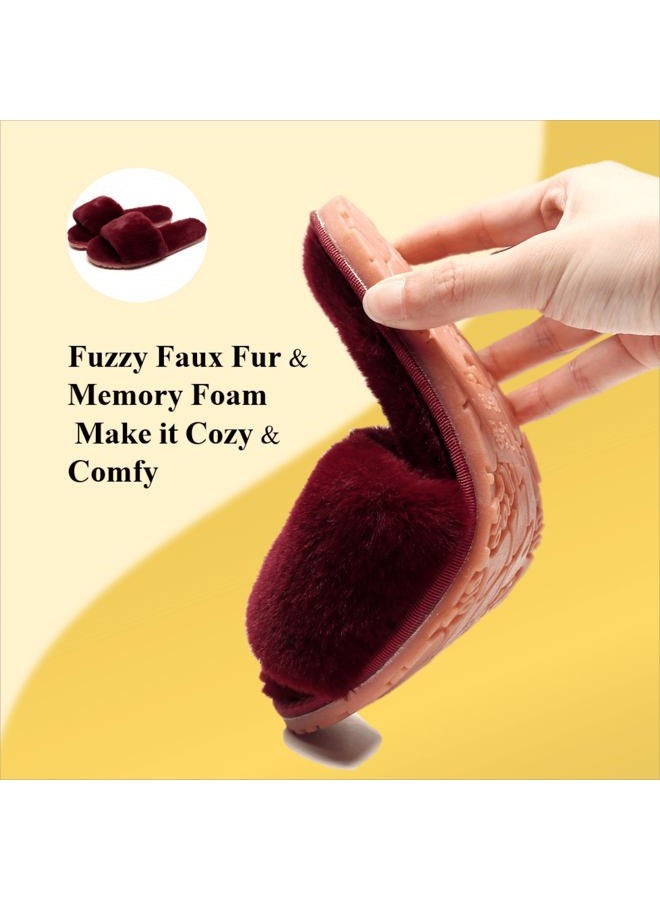 Crazy Lady Women's Fuzzy Fluffy Furry Fur Slippers Flip Flop Open Toe Cozy House Sandals Slides Soft Flat Comfy Anti-Slip Spa Indoor Outdoor Slip on (7.5-8.5, 06/WineRed) - Image 4