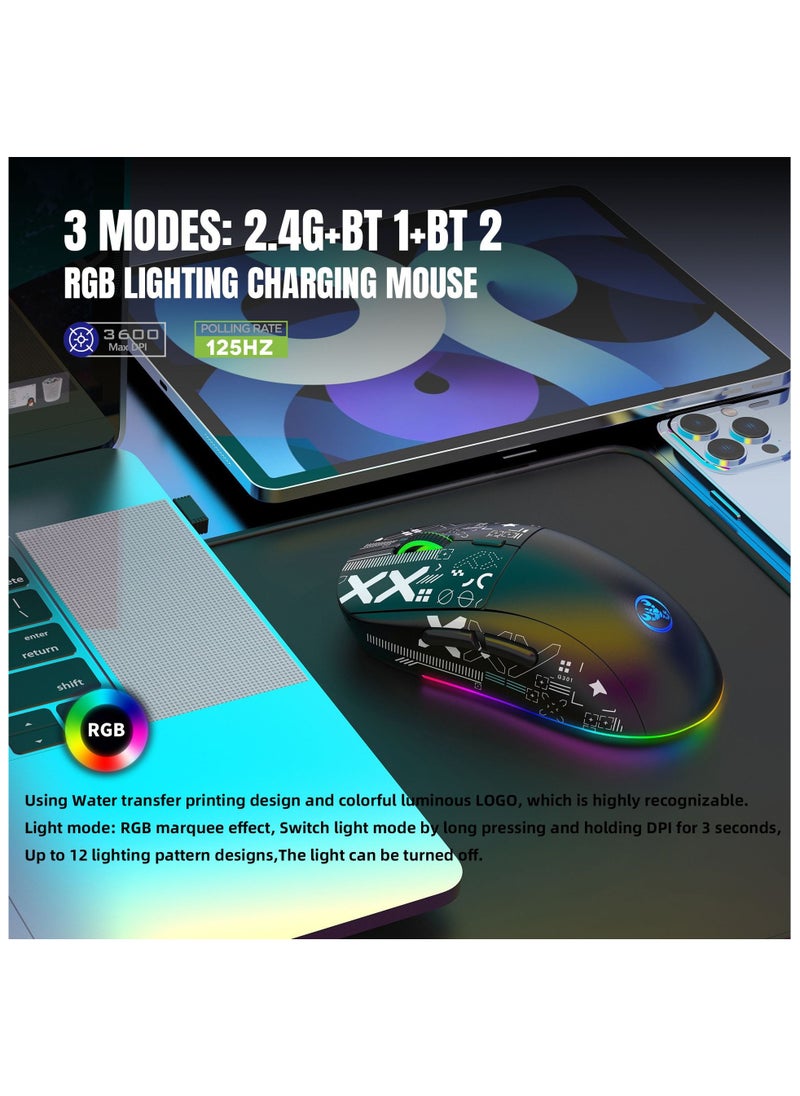 HXSJ - HXSJ NEW T90 Three-Mode 2.4G Water Transfer Wireless Mouse RGB Light-Emitting Wireless Game TYPE-C Charging Mouse - Image 1