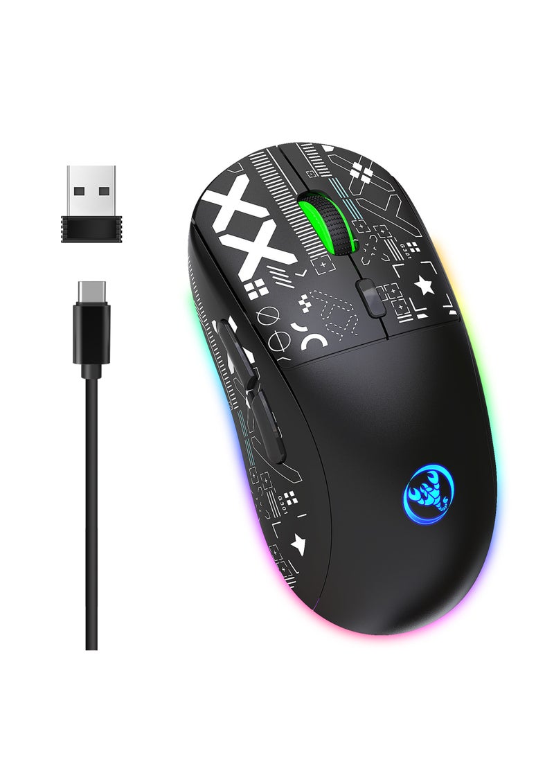 HXSJ - HXSJ NEW T90 Three-Mode 2.4G Water Transfer Wireless Mouse RGB Light-Emitting Wireless Game TYPE-C Charging Mouse - Image 1