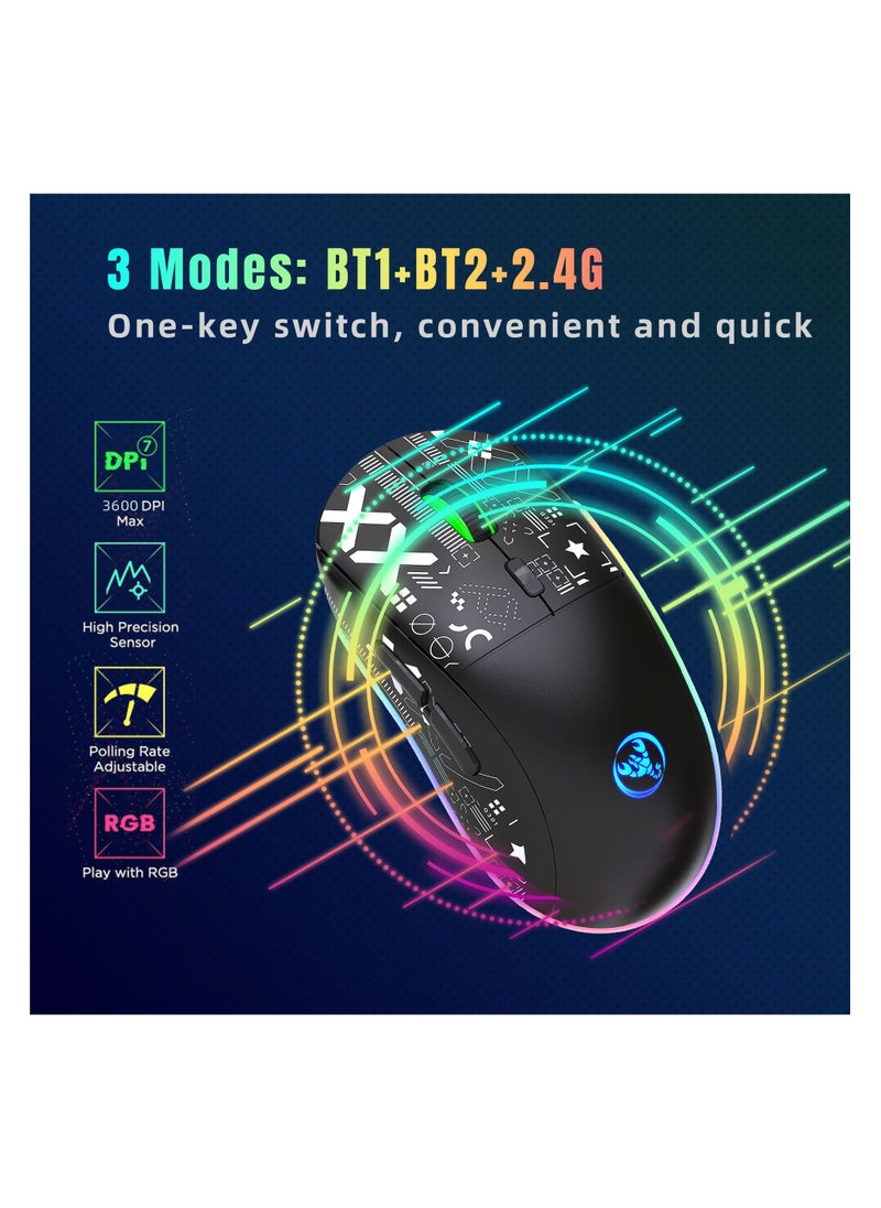 HXSJ - HXSJ NEW T90 Three-Mode 2.4G Water Transfer Wireless Mouse RGB Light-Emitting Wireless Game TYPE-C Charging Mouse - Image 1