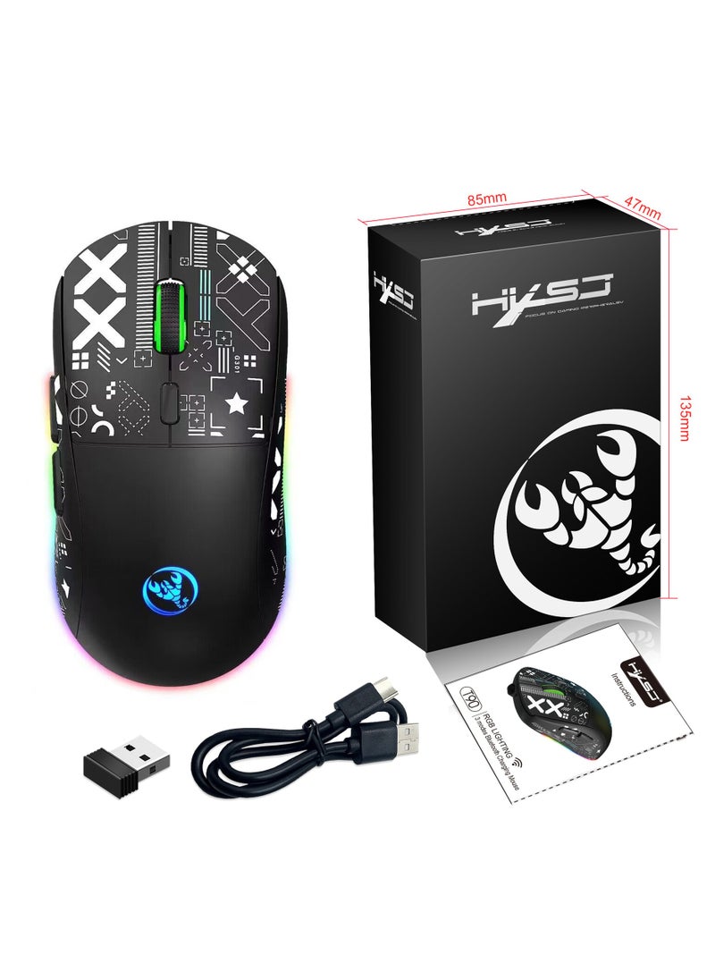 HXSJ - HXSJ NEW T90 Three-Mode 2.4G Water Transfer Wireless Mouse RGB Light-Emitting Wireless Game TYPE-C Charging Mouse - Image 1