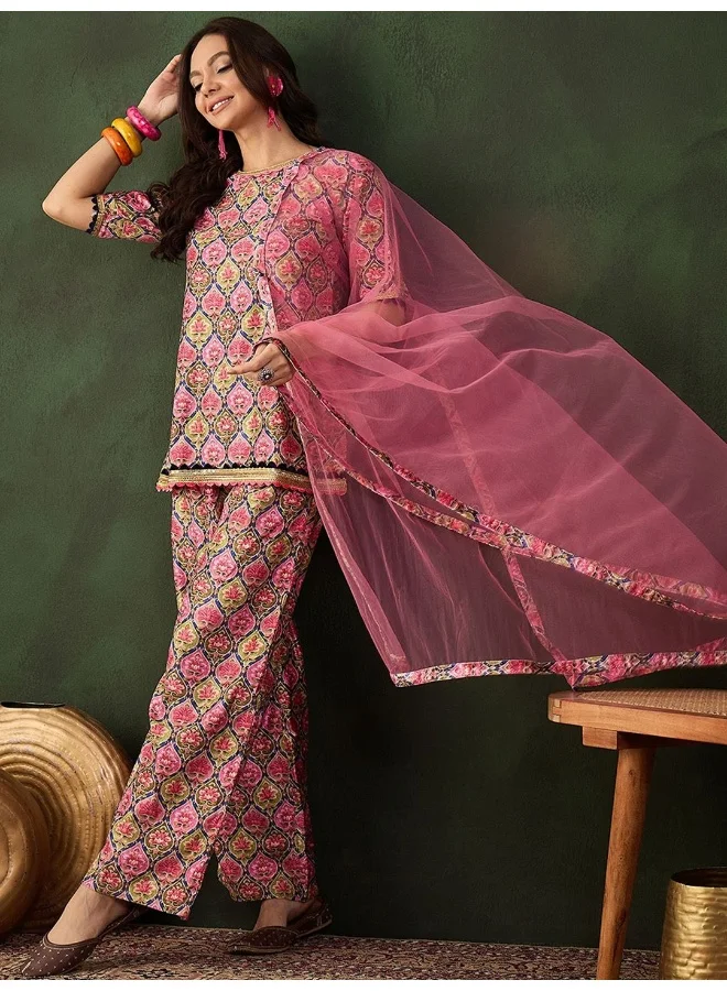 AKS Pink & Green Printed Kurti And Palazzos With Dupatta
