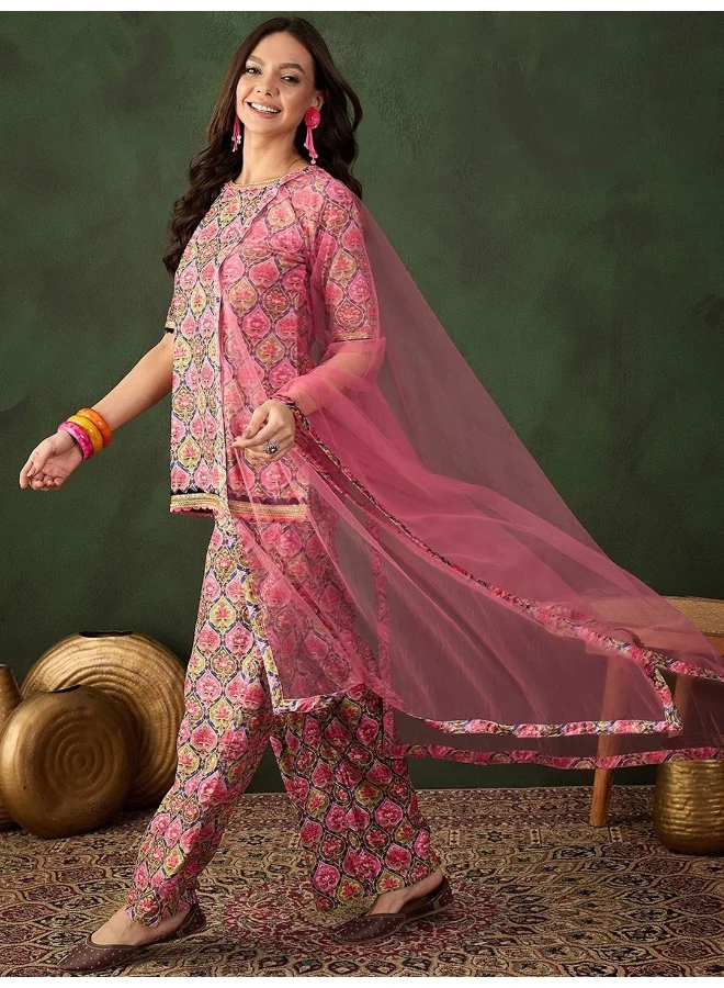 AKS Pink & Green Printed Kurti And Palazzos With Dupatta