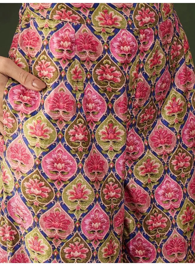 AKS Pink & Green Printed Kurti And Palazzos With Dupatta