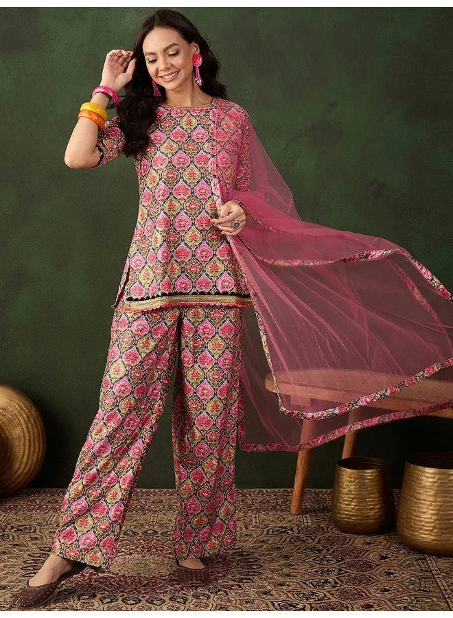 AKS Pink & Green Printed Kurti And Palazzos With Dupatta