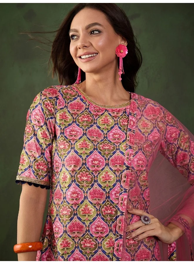 AKS Pink & Green Printed Kurti And Palazzos With Dupatta