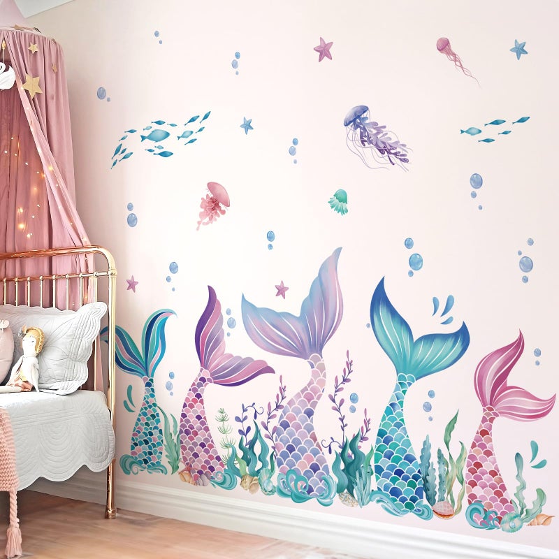 MAM wondever Mermaid Tail Wall Stickers Under The Sea Mermaid Bubble Seaweed Peel and Stick Wall Art Decals for Baby Nursery Girls Bedroom Bathroom - Image 1