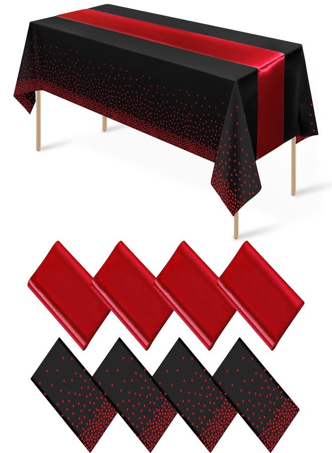 MASHAN 8Pack Disposable Plastic Party Tablecloths and Satin Table Runner Set Black and Red Dot Table Cloth Red Satin Table Runner for Wedding Birthday Baby Shower Anniversary Holiday Party Decorations - Image 1