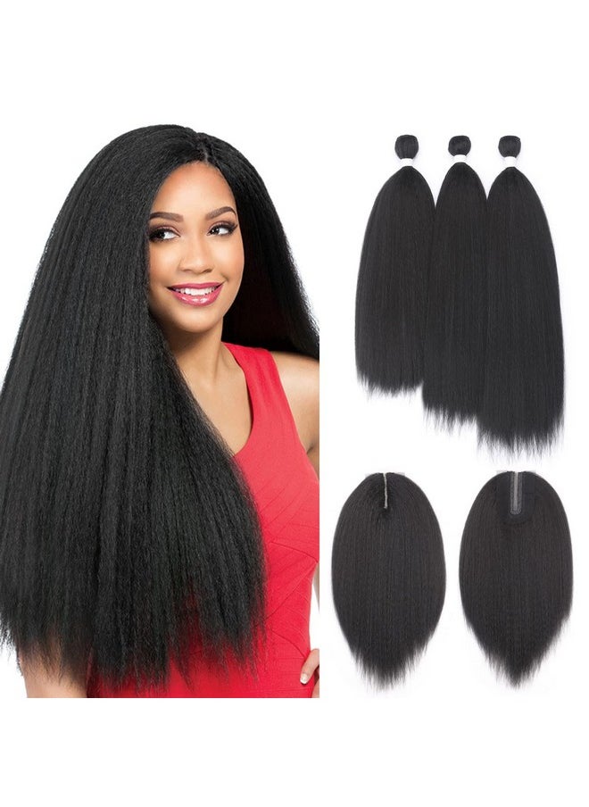 هان HANNE Kinky Straight Bundles with Lace Closure Yaki Straight Bundles Long Straight Hair Bundles for Black Women 3 Bundles with Closure Hair Extensions (18 20 22 Black)  - Image 1