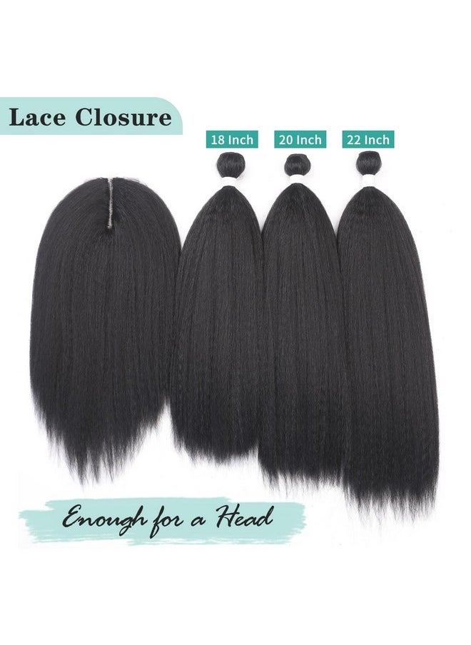 هان HANNE Kinky Straight Bundles with Lace Closure Yaki Straight Bundles Long Straight Hair Bundles for Black Women 3 Bundles with Closure Hair Extensions (18 20 22 Black)  - Image 2