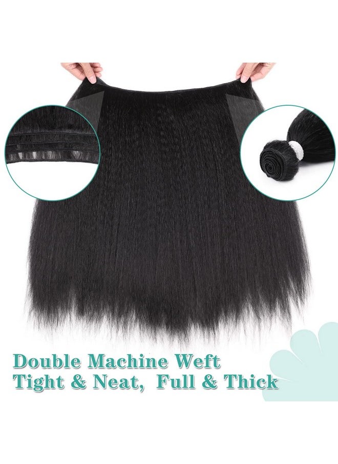 هان HANNE Kinky Straight Bundles with Lace Closure Yaki Straight Bundles Long Straight Hair Bundles for Black Women 3 Bundles with Closure Hair Extensions (18 20 22 Black)  - Image 5