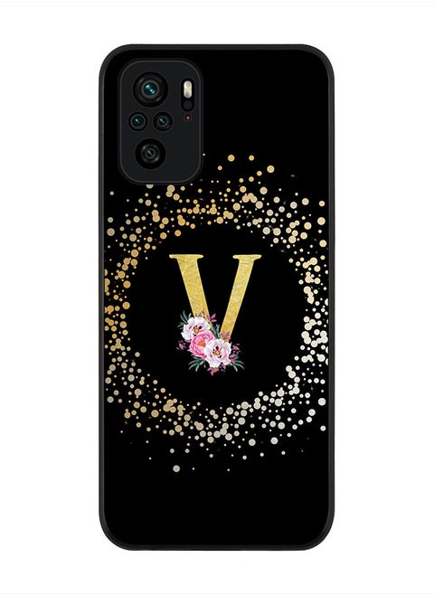 Rugged Black Edge Case for Redmi Note 10S / Redmi Note 10 4G, Slim fit Flexible  Custom Monogram Initial Letter Floral Pattern Alphabet - V(Black)