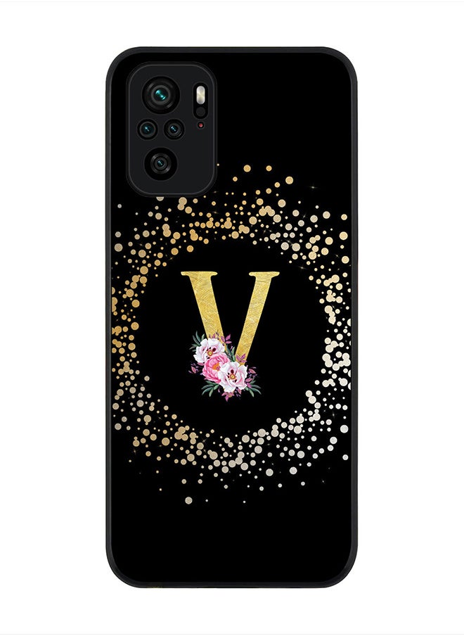 Rugged Black Edge Case for Redmi Note 10S / Redmi Note 10 4G, Slim fit Flexible  Custom Monogram Initial Letter Floral Pattern Alphabet - V(Black)