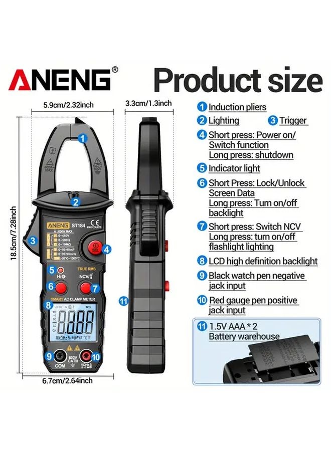 ANENG ST184 Black True RMS Clamp Meter Auto Shut Off Non Contact Voltage Detection - Image 4