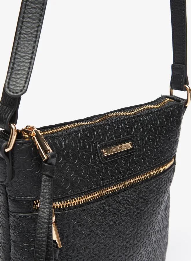 سيليست Women Monogram Embossed Crossbody Bag with Zip Closure and Strap