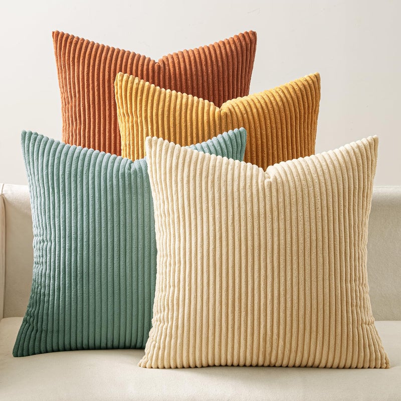 EMEMA Teal Orange Decorative Throw Pillow Covers for Couch Bed Livingroom 18x18 Inch Set of 4 Boho Farmhouse Corduroy Striped Square Pillow CaseWestern Modern Cushion Covers Spring Home Decor - Image 2