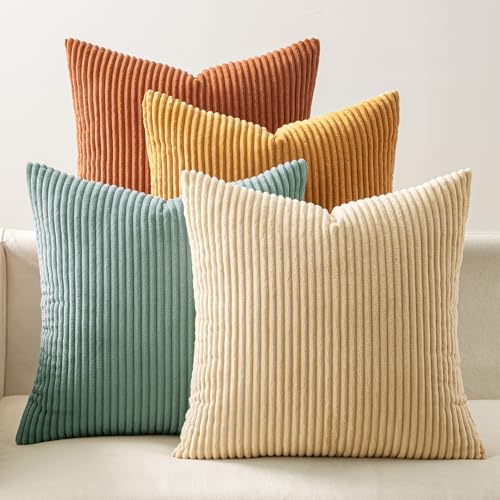 EMEMA Teal Orange Decorative Throw Pillow Covers for Couch Bed Livingroom 18x18 Inch Set of 4 Boho Farmhouse Corduroy Striped Square Pillow CaseWestern Modern Cushion Covers Spring Home Decor - Image 1