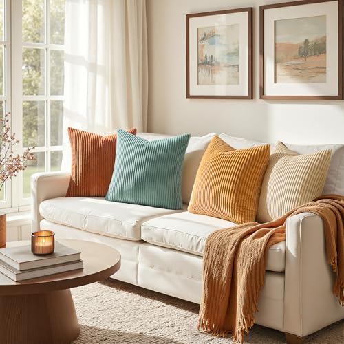 EMEMA Teal Orange Decorative Throw Pillow Covers for Couch Bed Livingroom 18x18 Inch Set of 4 Boho Farmhouse Corduroy Striped Square Pillow CaseWestern Modern Cushion Covers Spring Home Decor - Image 3